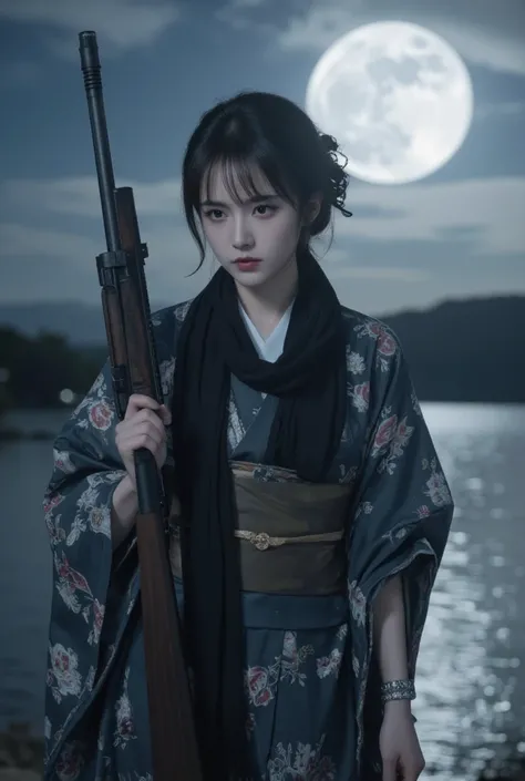 background → lakeside under the moon　style →　People →　Japanese woman in her 30s　style holding a rifle in one hand → wearing a black scarf　full body → wearing a Japanese kimono　 Angry Face 　