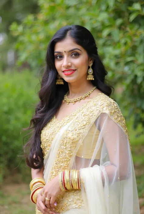 A beautiful Indian woman wearing a traditional white and gold saree, standing outdoors with lush greenery in the background. She has long, wavy black hair, deep brown eyes, and a warm smile. Her jewelry includes gold earrings, a maang tikka, and bangles. T...