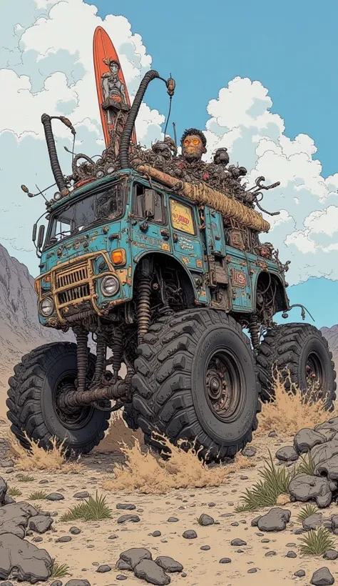 フォルクスワーゲンベース monster truck、Inspired by Ed Ross, Digital coloring,  monster truck,  1,960 anime style ,  Official Illustration , . Concept Art, buggy, full color illustration,  cartoon style illustration with surfboard on top, garbage pile s style, Rat Fink