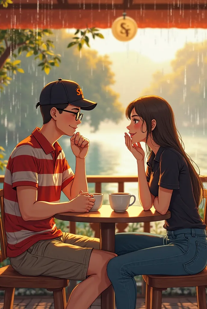 A cozy lakeside coffee shop scene – A warm, inviting café overlooking a tranquil lake, with rain-kissed windows reflecting soft golden light. Ye Htut leans back in his chair, a playful smirk on his face, wearing a red and white horizontal-striped polo shir...