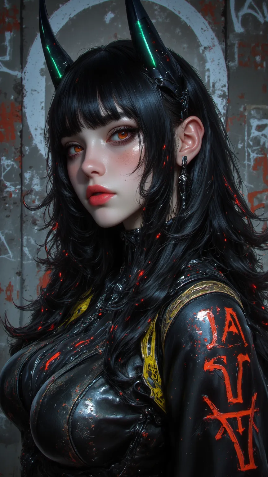 Fascinating female portrait，Features Vivid：Black Hair、Colored hair highlights、Glowing orange eyes and devil horns。Standing next to graffiti wall，Her air is charming and mysterious。