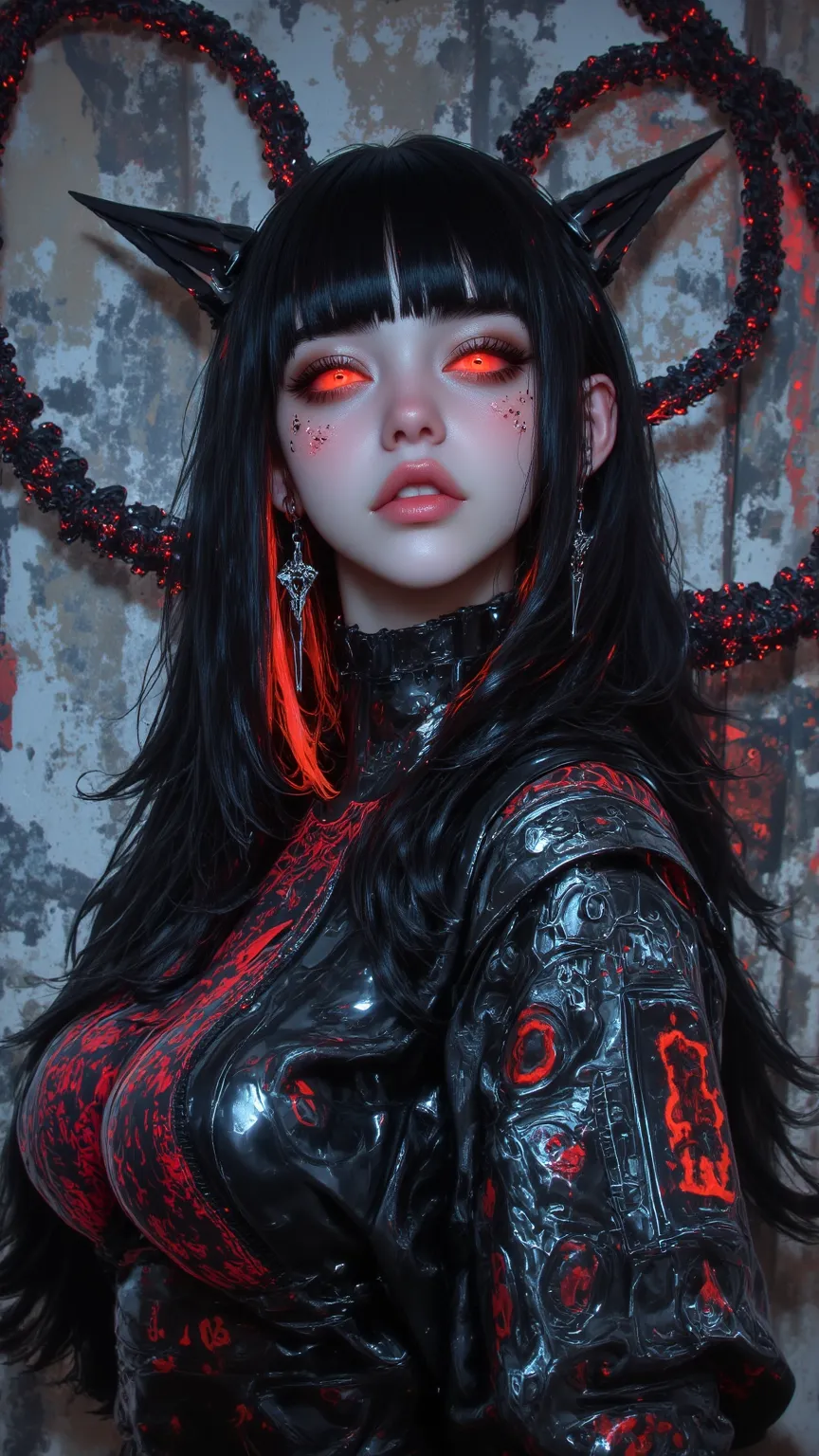 Fascinating female portrait，Features Vivid：Black Hair、Colored hair highlights、Glowing orange eyes and devil horns。Standing next to graffiti wall，Her air is charming and mysterious。