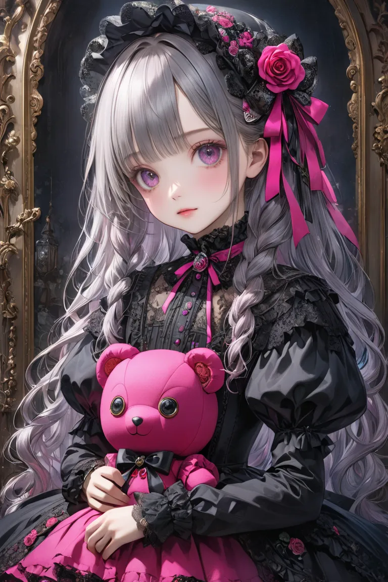 RAW photo、realistic、Highest quality、masterpiece、beautiful gothic lolita victorian girl, cute cute face , floral motifs , complicated details,  braided hair, Black lace,  big doll-like eyes , Dark Fantasy,   BLACK COLOR , Neon pink color, silver, Rose Ribbo...