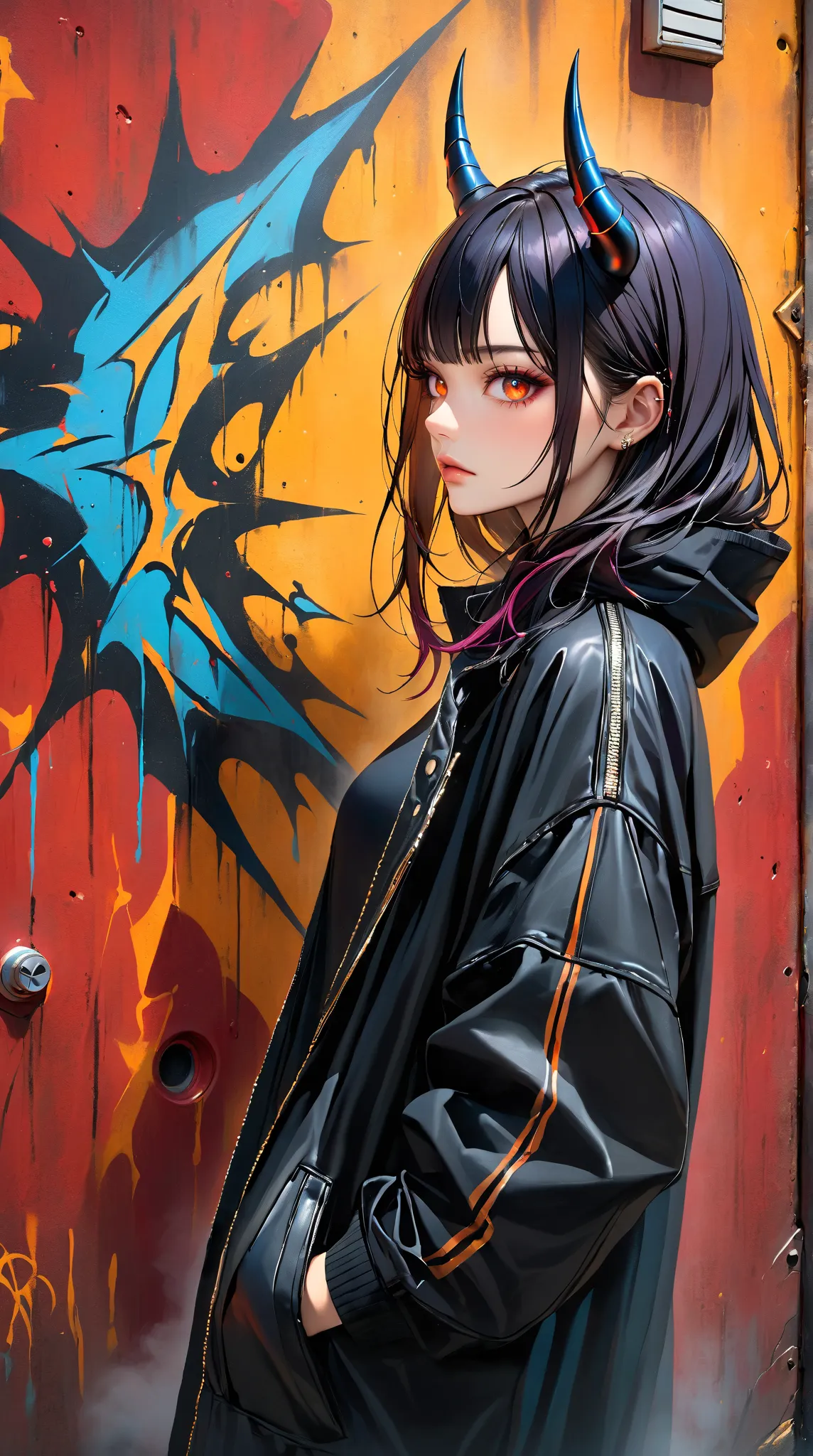 Fascinating female portrait，Features Vivid：Black Hair、Colored hair highlights、Glowing orange eyes and devil horns。Standing next to graffiti wall，Her air is charming and mysterious。