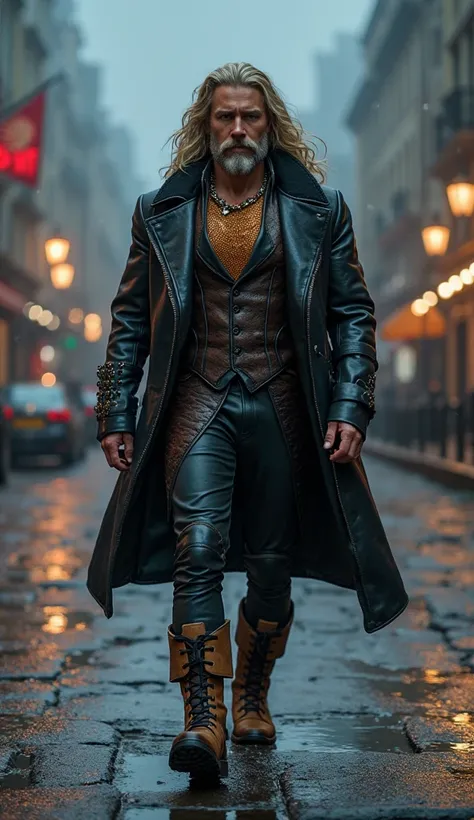 Aquaman in 3D in Pixar style, dressed in a deep black mob suit with his costume inside, a pair of leather pants to match suit, walking through a foggy coastal town at night. The city has a 4K Disney/Pixar vibe, with bright harbor lights and wet cobblestone...