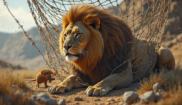 A lion who is trapped in a net. And sitting outside that trap. The rat is biting the net with its teeth.