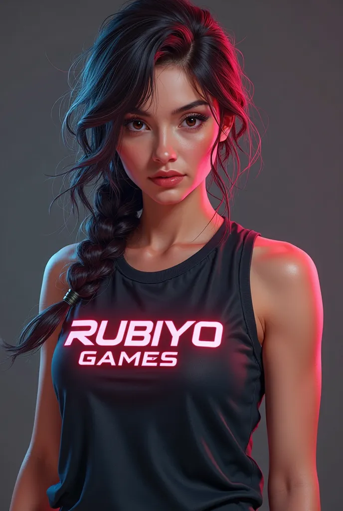 Facing front rubiyo Gamerz text in her shirt 