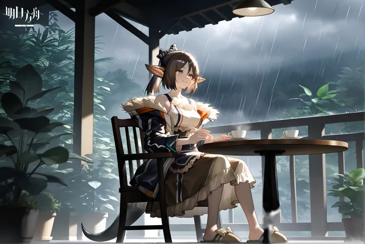 1femal,solo,,((whole body))。 brown dress, brown slippers,perfumer la,,(((perfumer_\(arknights\)))),,, morning cafe ,storm,Houseplants,heavy rain, cafe table,Outdoor terrace, sitting on a chair, coffee, Smile,,,,,下からのangle,,,,,,Photorealistic Background, be...