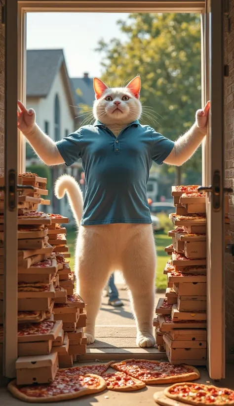 "A muscular anthropomorphic white cat wearing a tight blue button-up shirt stands in shock at the front door, arms outstretched in disbelief. In front of him, an overwhelming amount of pizza boxes is stacked chaotically, spilling into the house. Some boxes...