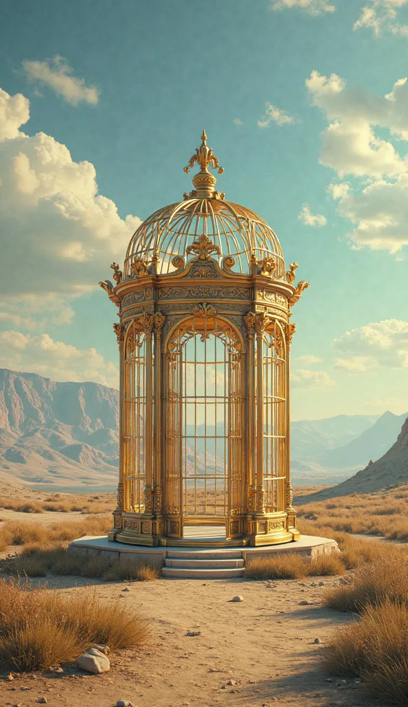 "A luxurious golden cage with an open door, placed in the middle of a vast, open landscape. The symbolism represents breaking free from commitments and staying independent. The style is hyper-realistic with a cinematic composition."