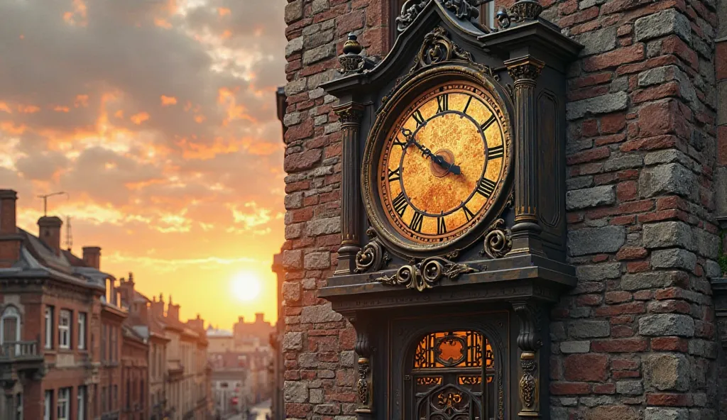  Large old clock on an old wall outside, during sunset