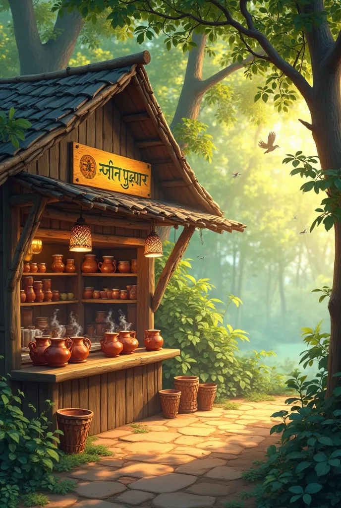 Image Prompt: A cozy, rustic tea stall nestled at the edge of a dense green forest. The shop is made of wood and bamboo, with a colorful signboard in Hindi reading "कैट की टपरी." The morning sun casts golden light through the trees, and a gentle mist linge...