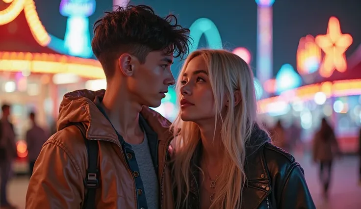 mid-shot image of a boy and a girl together in an amusement park of the future, In the year 2300. The boy is brown with black hair and cut from the 80s and thin and she is strong and blonde. They wear casual but futuristic clothes.  at night, Futuristic li...