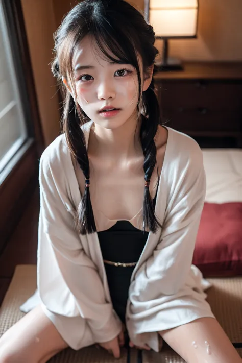 Height 1３5ｃｍ、twin tails、Age 15, middle school student、 Lori 、8K image、On a futon in a Japanese-style room at a ryokan、（(Spray a large amount of realistic semen on your face:1.1))、、(Open your chest with a kimono:1.3)、 emphasizes cleavage、（((spread legs:1.9)...