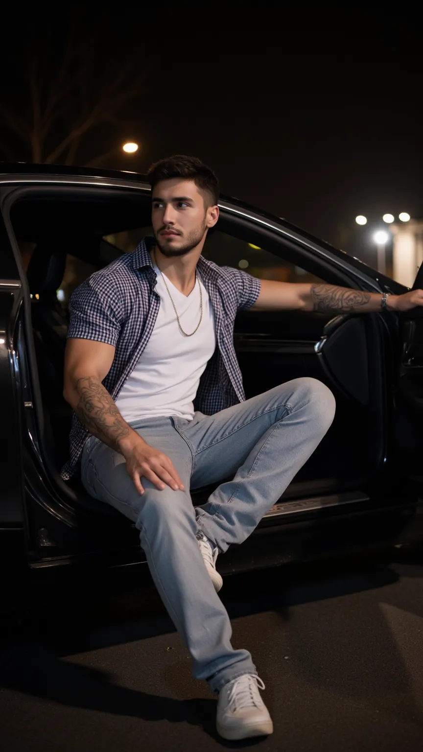 a handsome young turkish guy with muscle, dark very short hair fade and goatee he wearing a white tshirt and a checked shirt and a light loose jeans and a thin gold chain he sit in a mercedes s coupe in black amateur photo random picture its night and loca...