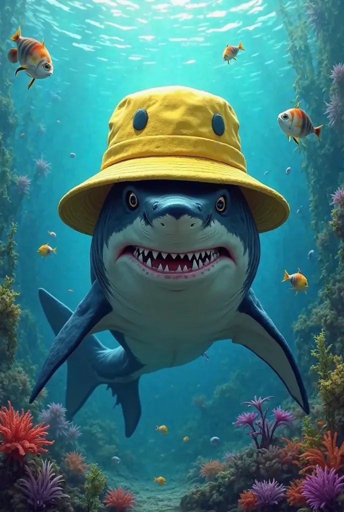 Une image realiste  dun requin avec une casquette bob l eponge