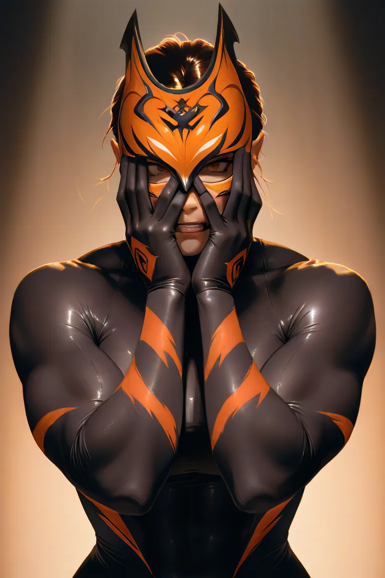 Female professional wrestler, female version of Tiger Mask, masked and hiding face with hands, masked and removed by Shadow Man