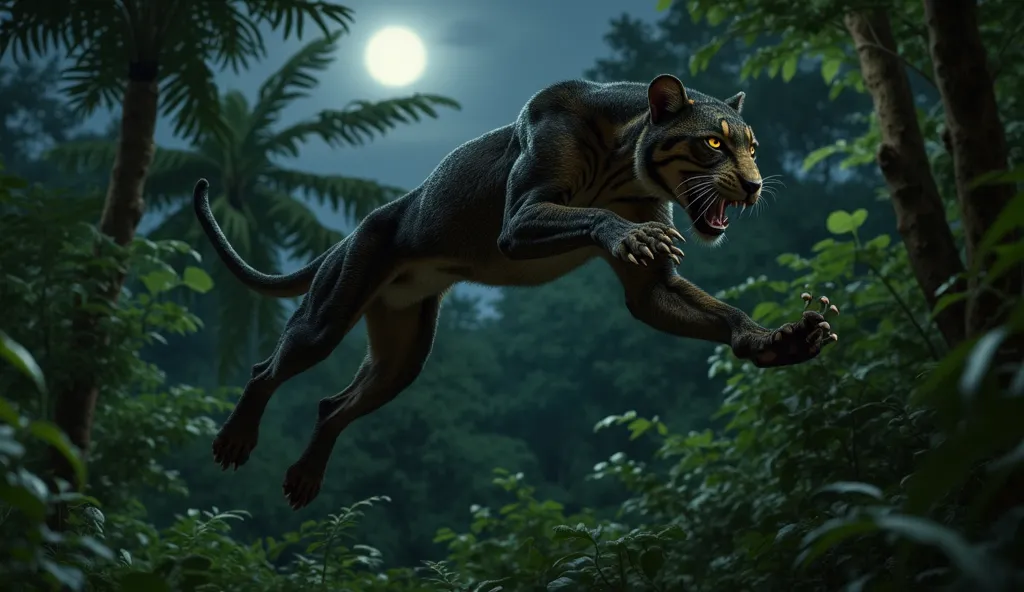 A powerful jungle predator captured mid-leap in a side view, its muscular body fully extended as it propels itself through the air. Its sharp claws are outstretched, ready to strike, while its piercing eyes remain locked onto its prey. The dense jungle bac...