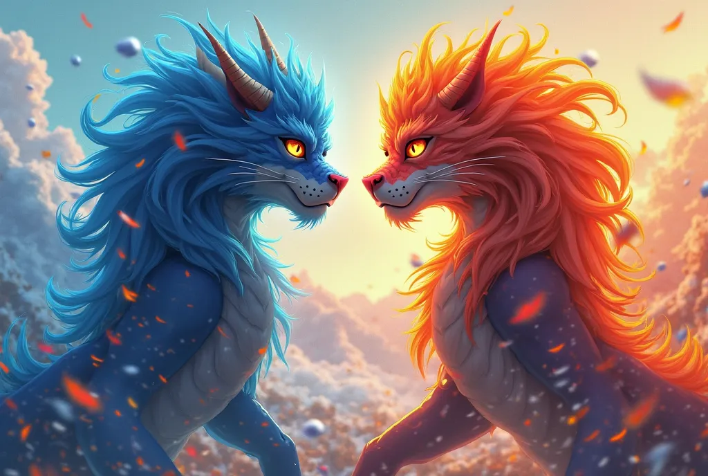 creer une bonne image es une animation de classe quality 4k max 8k 
2 male 
cheveux bleu et orange form dragons 
yeux ecarlate stylé artificiel 
uniform de sport bleu et noir.
visage sauvage.
une aura de flammes de lion.
l'autre enervé cheveux rose et et n...