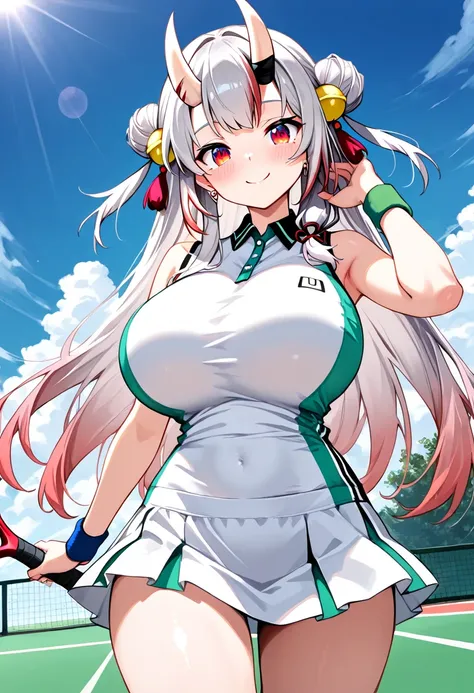 (Highest quality , 8k , masterpiece , incredibly absurdres , perfect body , super detailed skin , highly detailed eyes and face , 1 woman ) ,  nakiri ayame , Silver Hair , red eyes , demon horn , smile ,  will be happy , ( Tennis Costumes , skirt  : 1.2 ) ...