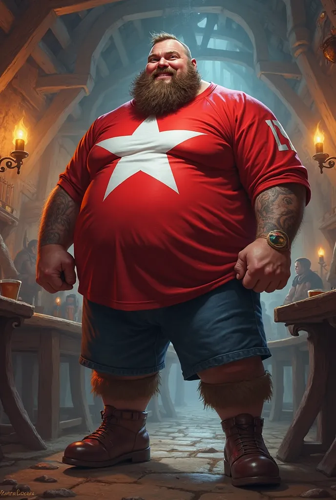 Gragas from League of Legends with a red jersey and a white star in the center of the jersey