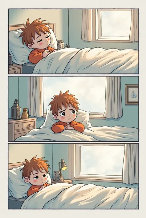 Create 3 pics comics, in first pic ah boy who's trying to sleep but he cant this is his script "This unmade bed... it's just not for me." the second pic is the same boy but He got out of bed because he couldn't sleep and was very sad this is his script " T...