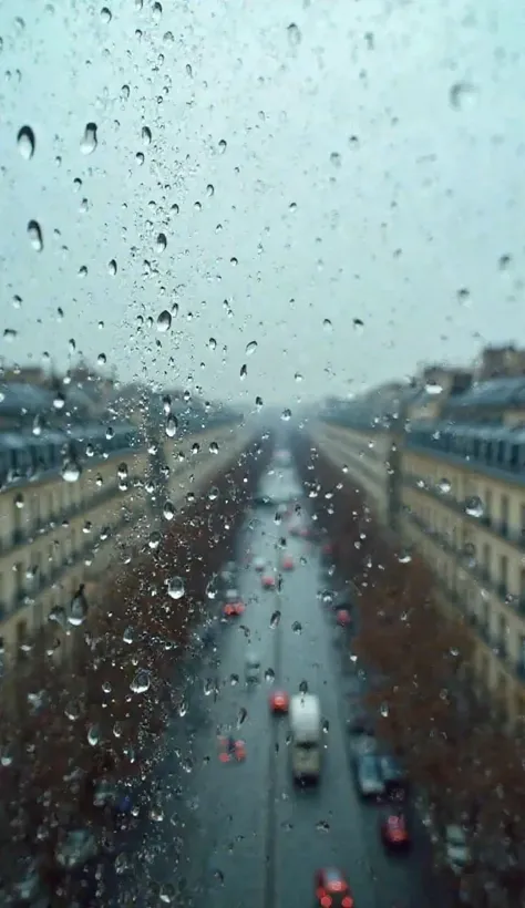 A close-up view of a rain-soaked window overlooking Paris, where the raindrops act like tiny lenses, inverting and distorting the cityscape behind them. The drops are of various sizes, with smaller ones magnifying the Parisian buildings and larger ones mer...