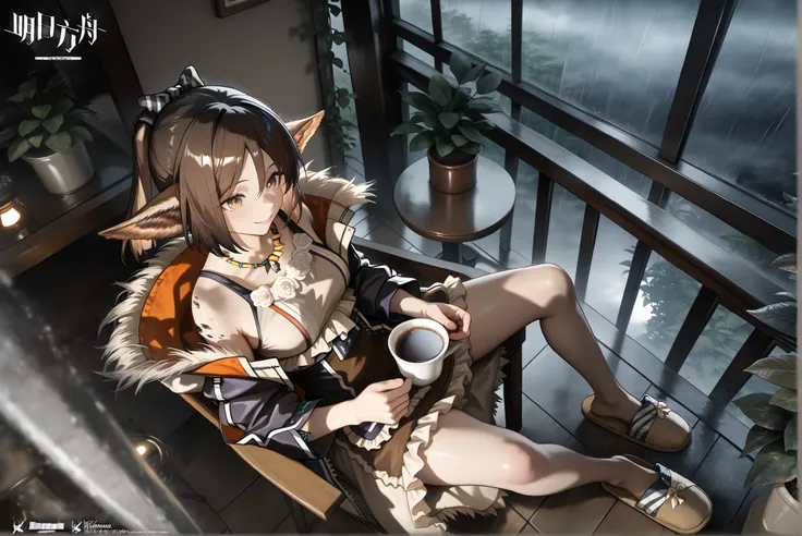 1femal,solo,,((whole body))。 brown dress, brown slippers,perfumer la,,(((perfumer_\(arknights\)))),,, morning cafe ,storm,Houseplants,heavy rain, cafe table,Outdoor terrace, sitting on a chair, coffee, Smile,,,,,下からのangle,,,,,,PhotorealiStic Background, be...