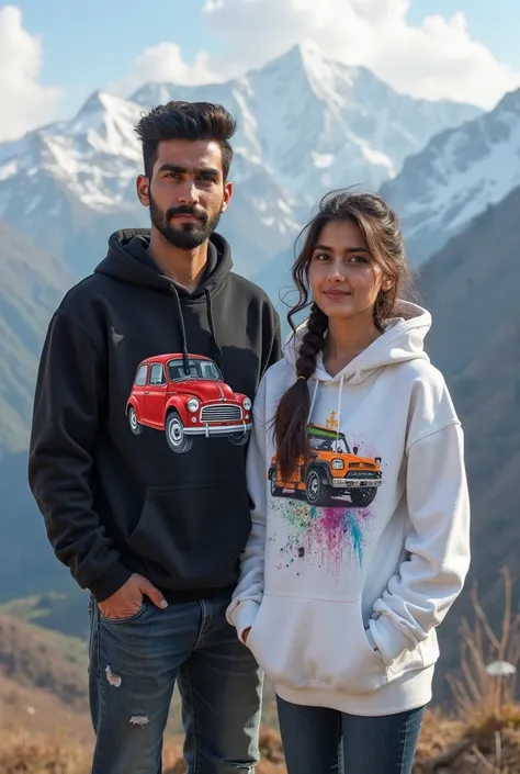 Create landscape image of Mature 23 year old young Pakistani boy with Beard and Girl standing on a nanga parbat Pakistan. Boy is wearing a Black Hoodie with Toyota Car Print and Girl is wearing a White Hoodie with Colorful Print also different print. Image...