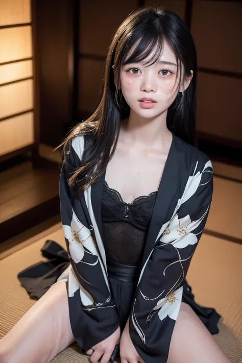 Height 1３5ｃｍ、twin tails、Age 15, middle school student、 Lori 、8K image、On a futon in a Japanese-style room at a ryokan、（(Spray a large amount of realistic semen on your face:1.1))、、(Open your chest with a kimono:1.3)、 emphasizes cleavage、（((spread legs:1.9)...