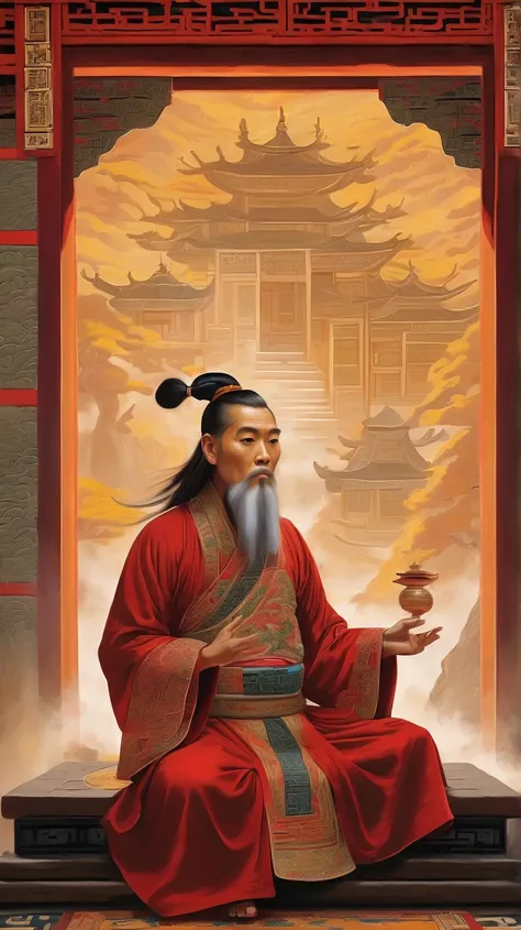 "An enlightened Chinese sage, half-human, with an ethereal golden aura, sitting cross-legged in an ancient temple. His robes, a mix of red and black with golden embroidery, flow like energy waves. His elongated ears and mystical forehead mark indicate his ...