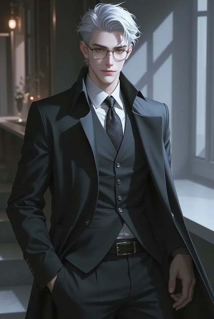 young male, 24 years old, silver hair, hair parted to side, styled hair, steel gray eyes, rectangular glasses, tailored dark gray suit, long coat, ultra, ultrarealistic, 4k, handsome, smiling