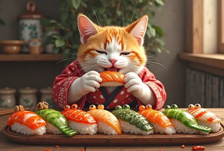 Many cats spend time at a sushi restaurant. I'm eating frog-shaped sushi. The silver cat is trying to eat a frog raw. Full of frogs. It depicts a red-brown white cat dressed in sushi clothes enjoying a meal. A table lined with colorful frog-shaped sushi.