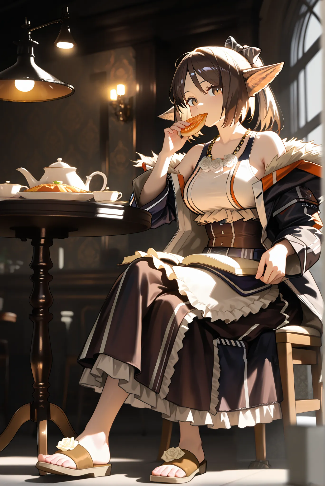 1female,((朝のカフェ))。looking at viewer, brown dress, brown slippers,,,((perfumer)),((perfumer_\(arknights\))), perfumer_\(arknights\)。, eating at a restaurant。crossed legs,Black long skirt。小さなおっぱい。 dynamicangle。I have a book。,Photorealistic Background, best q...