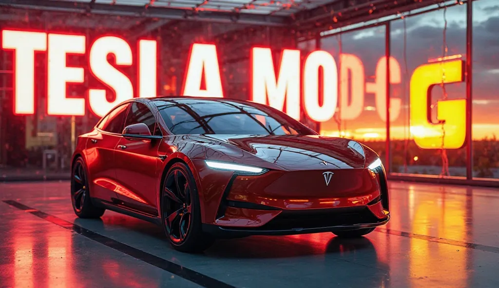 A futuristic Tesla Model Q, a sleek compact SUV with an aerodynamic design, sharp LED headlights, and a bold, minimalist front. The car is painted in striking metallic red (or yellow for visibility), positioned at an angle to showcase its aggressive stance...