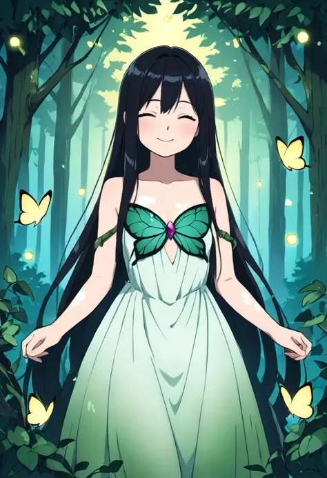 (masterpiece, best quality, illustration), anime girl, ethereal, goddess of the forest, forest spirit, nature spirit, magical girl, black hair, long hair, serene expression, gentle smile, soft smile, detailed eyes, detailed face, forest background, enchant...