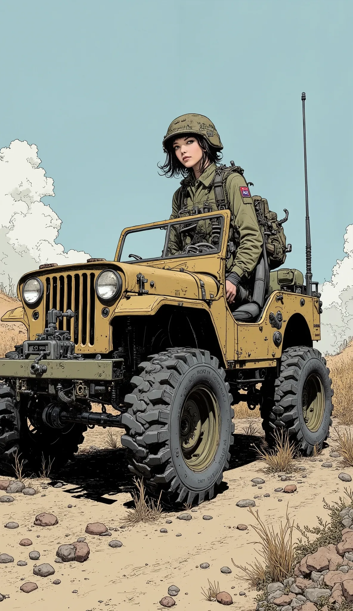 cartoon of a female soldier driving a jeep-based monster truck, by Jerry Wilkerson, Bob Singer, Jim Davis, Hugh Hughes,  John Wilson  , by Warren Mahy, Militaristic!!!, military, Matt Bose,  , Militaristic, Unconventional, by Jeffrey Smith, by Al Feldstein