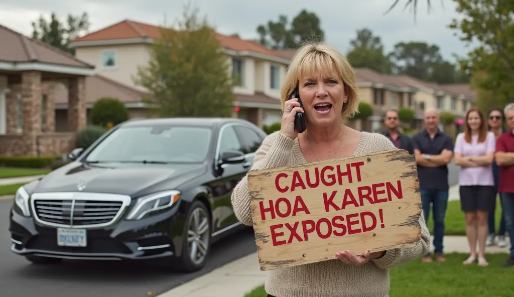 Context & Theme
The image portrays a heated neighborhood dispute, featuring:
A middle-aged blonde woman (“Karen”) angrily talking on the phone, likely calling the authorities.
A large wooden sign with bold, eye-catching text:
“CAUGHT RED-HAND! HOA KAREN EX...