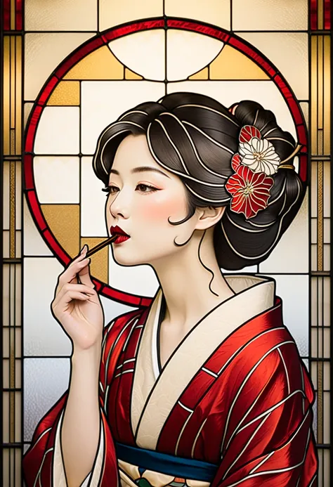 A stained-glass artwork inspired by a traditional Japanese ukiyo-e portrait. The design features a gracefully dressed woman in a checkered kimono, holding a small object near her lips. The stained glass has flowing Art Nouveau lines, emphasizing the elegan...