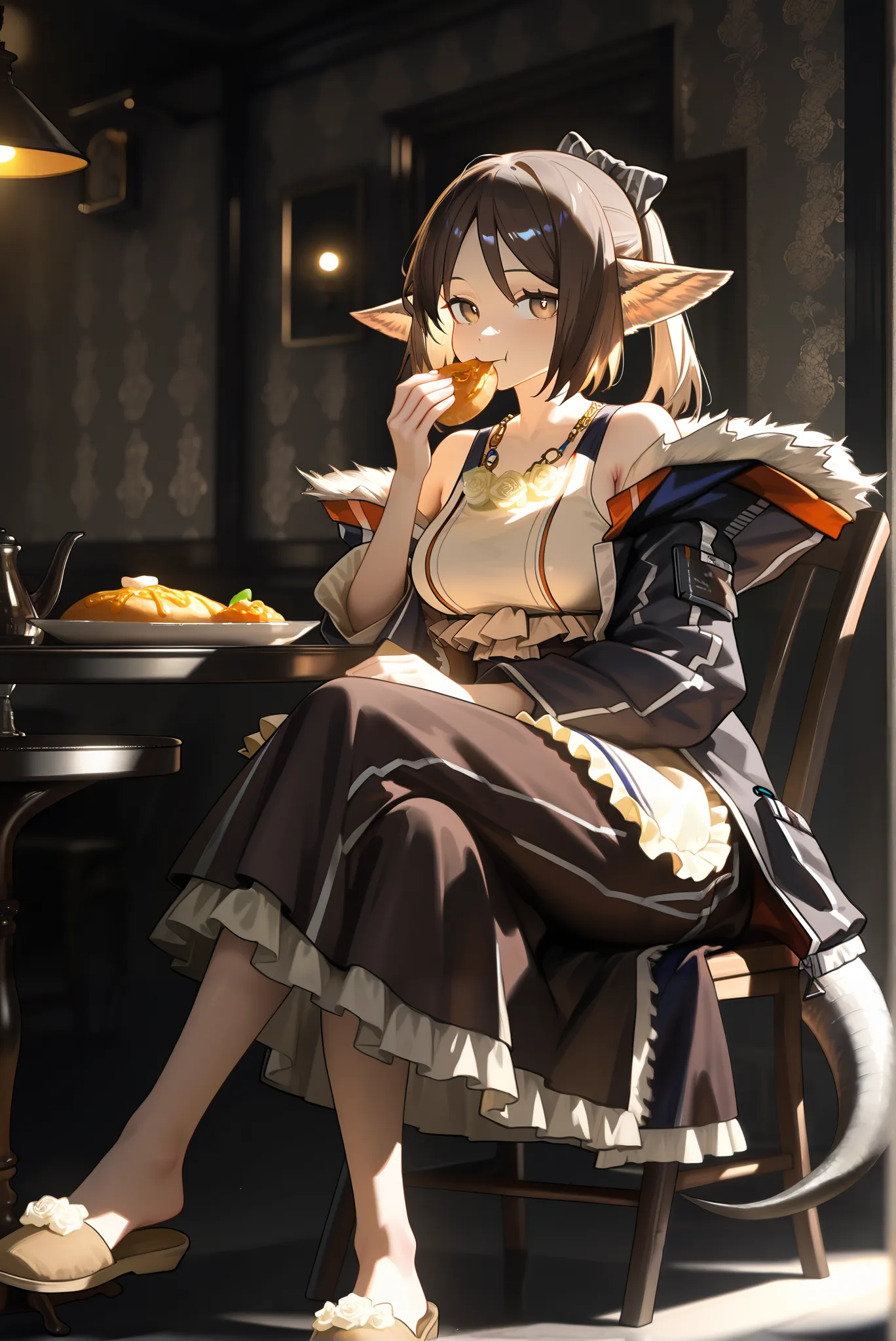 1female,((朝のカフェ))。looking at viewer, brown dress, brown slippers,,,((perfumer)),((perfumer_\(arknights\))), perfumer_\(arknights\)。, eating at a restaurant。crossed legs,Black long skirt。小さなおっぱい。 dynamicangle。I have a book。,Photorealistic Background, best q...