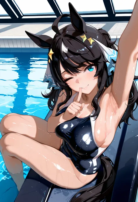 one arm raised to show bushy armpit,wet armpit,sitting, knees up,,Sitting with Knees Up on bench at pool ,closed knees,wet,smelly,mamimi,daring tact\(umamusume\)masterpiece,amazing quality,best quality,ultra-detailed,8K,illustration,CG,shiny hair,clear ski...