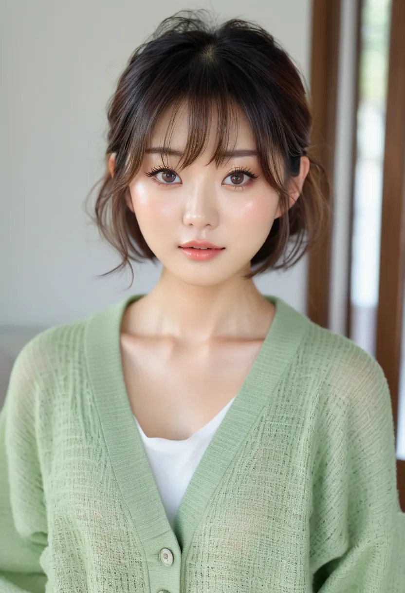  Beautiful Japanese Actress、 1 girl,bangs、award winning pictures , very well detailed, focus on your face ,  big double eyes( Everyday face の女性 ), 1、bangs、 short hair、 shiny skin、((( round face、Full Cheeks、face up)))、Realistic nostrils、 bedroom,　squats、(( ...