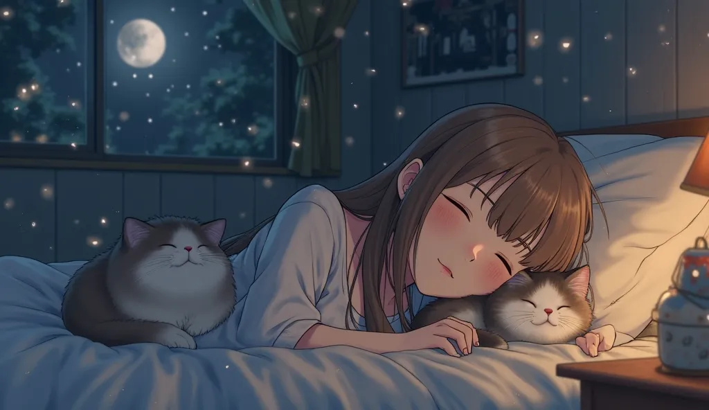 Long-haired girl peacefully sleeping in bed, without headphones, wearing a silver necklace. A cute, chubby cat is curled up and sleeping beside her. The cat's fluffy body rises and falls gently as it breathes. A gentle smile on the girl's face, as if she i...