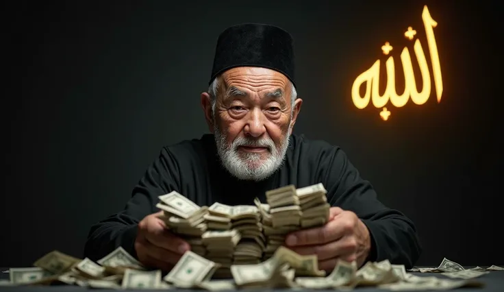 8k. 4k. A father with a wise and gentle expression, wearing a simple black cap (peci). He holds a large amount of money in his hands with a calm and dignified posture. The background is dark, with money scattered around, accompanied by soft, dramatic light...