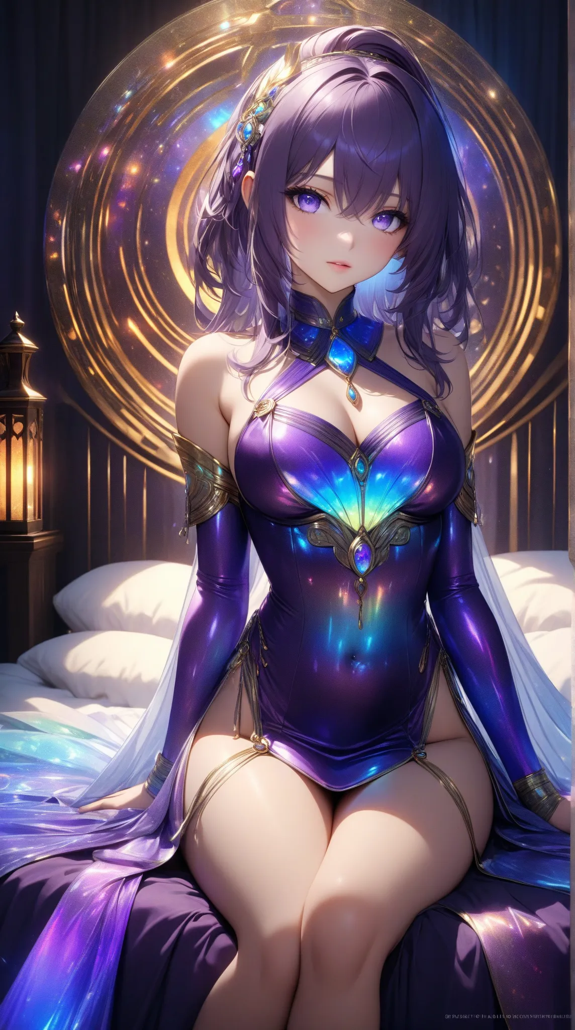 1girl, Serah Lumira Aeonis, very long smooth straight dark purple hair with inner dark iridescent hair, dark iridescent eyes, large bust, large hips, slim waist, sitting in a room on bed in skimpy egyptian clothes, Realistic , masterpiece, very aesthetic, ...