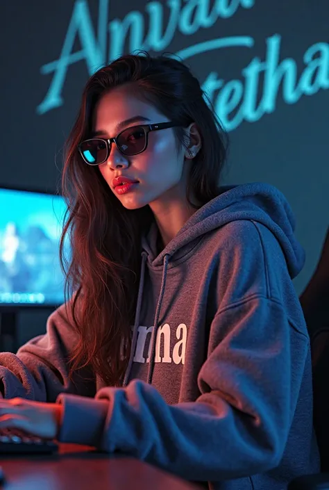 Cool girl 20 years old ,in the pc room  , wears sunglasses  ,wears a hodie that says anna ,long hair ,ANNATETHA writing wall ,Like in the studio 