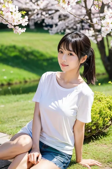 「A 35 year old cute Japanese woman。has dark hair up to her shoulders blowing in the wind、Has a slightly sexy expression on her face。She has small breasts、Wears a white T-shirt and miniskirt casually。I can see my panties and I'm embarrassed。At the spring pa...