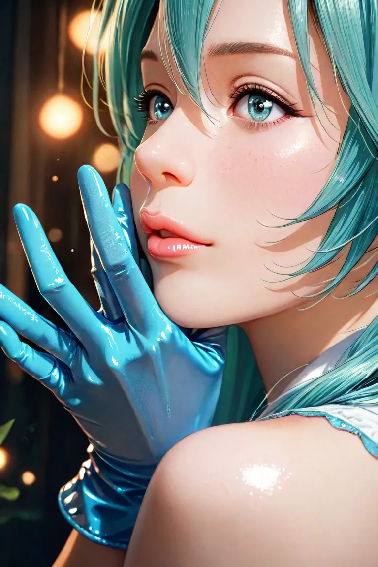 Cute Hatsune Miku masturbating in her pussy wearing short blue disposable nitrile gloves