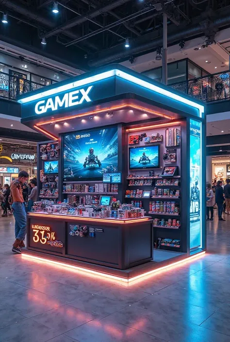 3-meter square kiosk with gamer products and stationery inside a mall