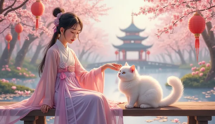 A serene, semi-realistic illustration of a young girl with traditional Chinese features, dressed in a modernized Hanfu-inspired outfit with flowing silk fabrics in soft pastel colors (light pink, lavender, and white). She is sitting gracefully on a wooden ...